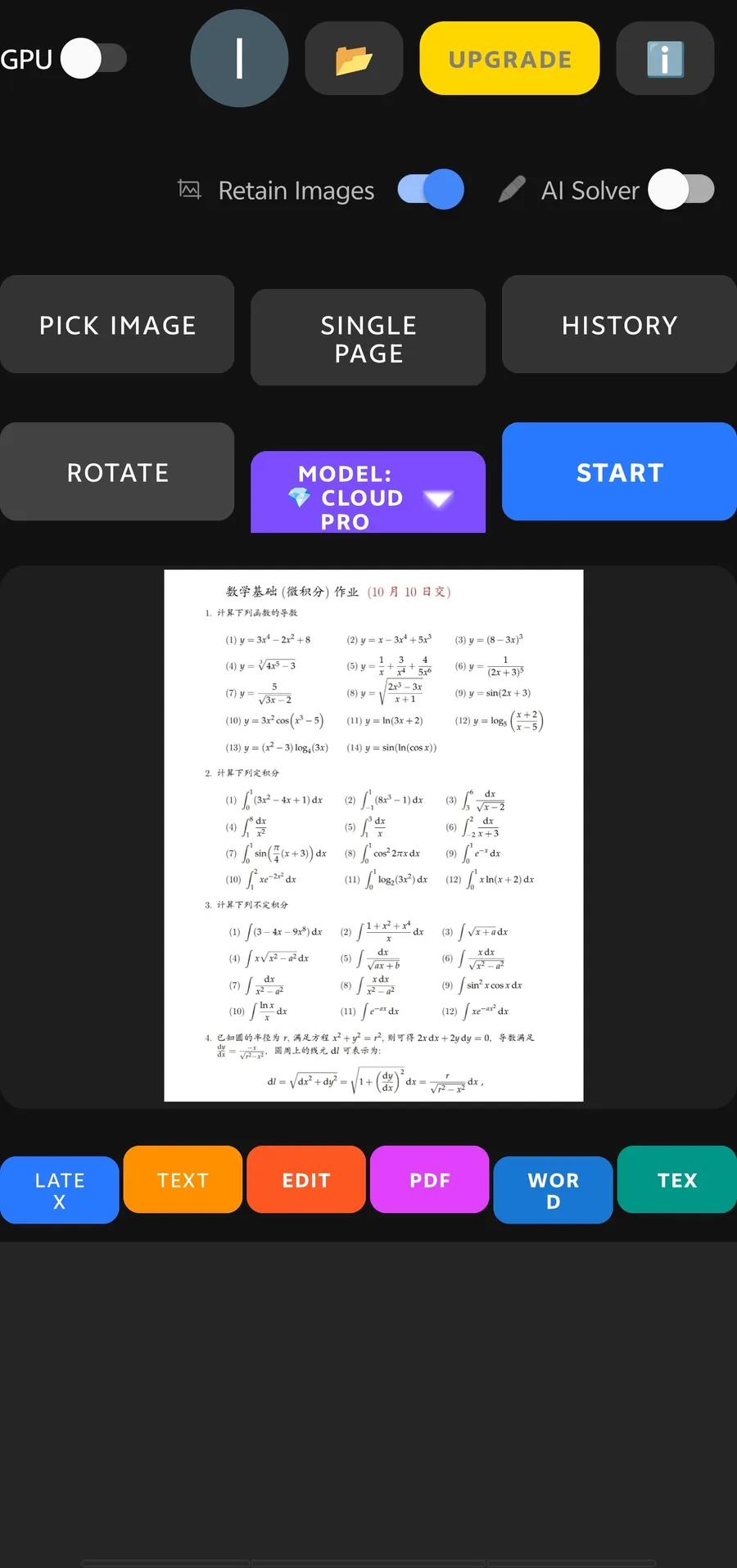 AI Offline Scanner OCR screen with math document preview and export buttons for LaTeX, text, PDF, Word, and TeX